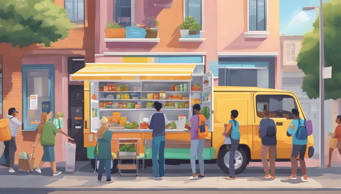 A colorful local community fridge with people dropping off and taking food items, surrounded by educational posters and flyers