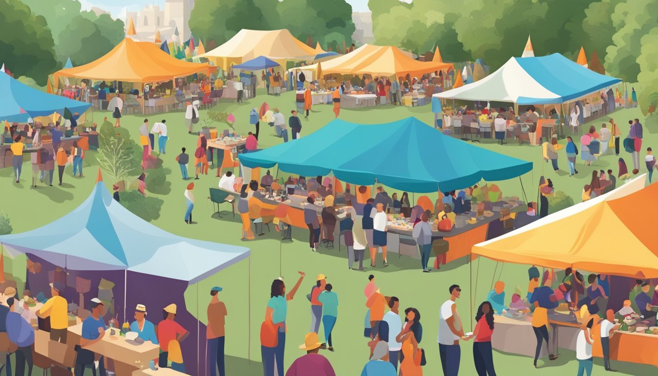 A bustling outdoor food and wine festival with colorful tents, live music, and people enjoying tastings and cooking demonstrations