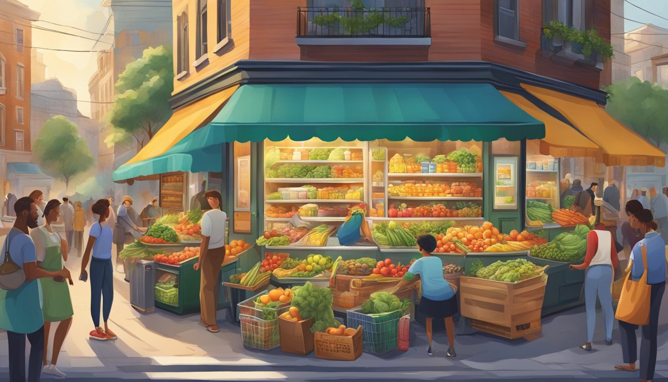 A bustling street corner with a colorful, decorated fridge filled with fresh produce and goods, surrounded by a diverse group of people contributing and taking items