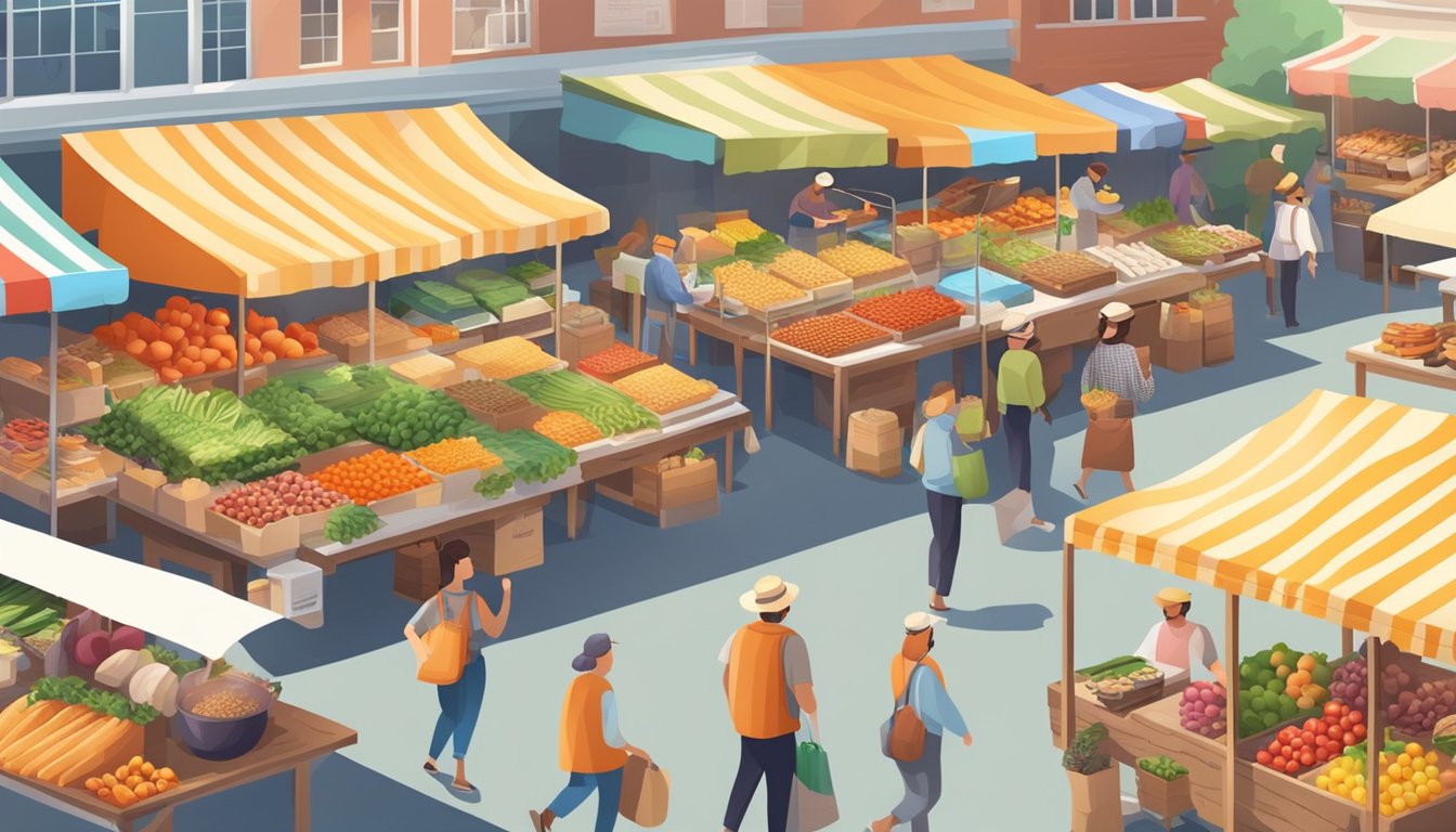 A bustling farmer's market with colorful stalls and a variety of fresh produce, baked goods, and artisanal products