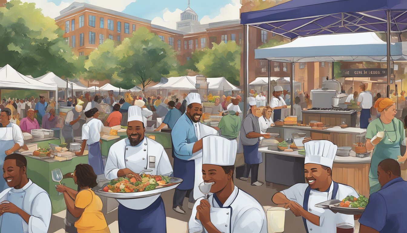 The bustling Atlanta Food and Wine Festival: chefs cooking, wine pouring, and people enjoying the community impact