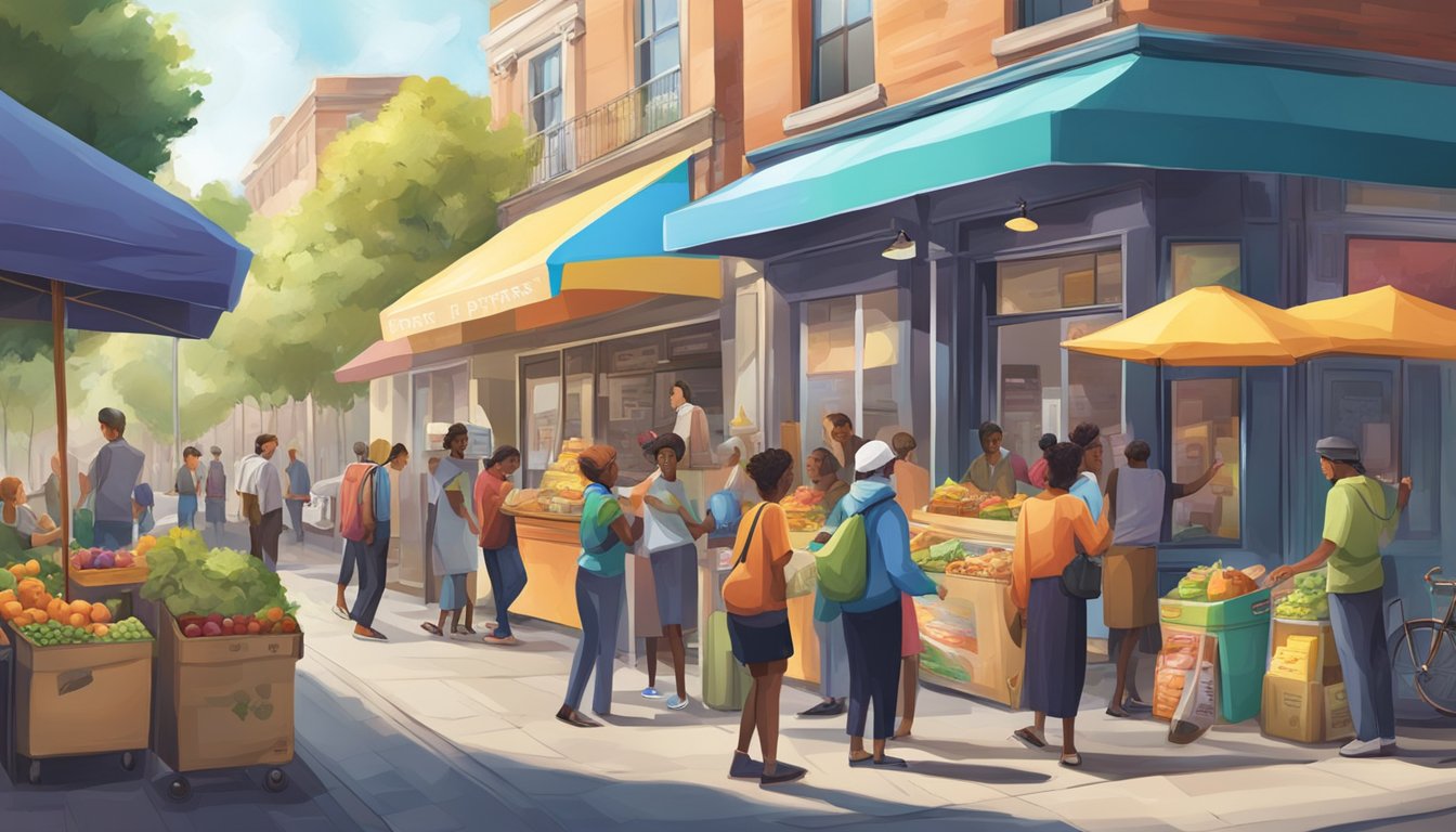 A bustling street corner with a colorful community fridge surrounded by people exchanging food and goods