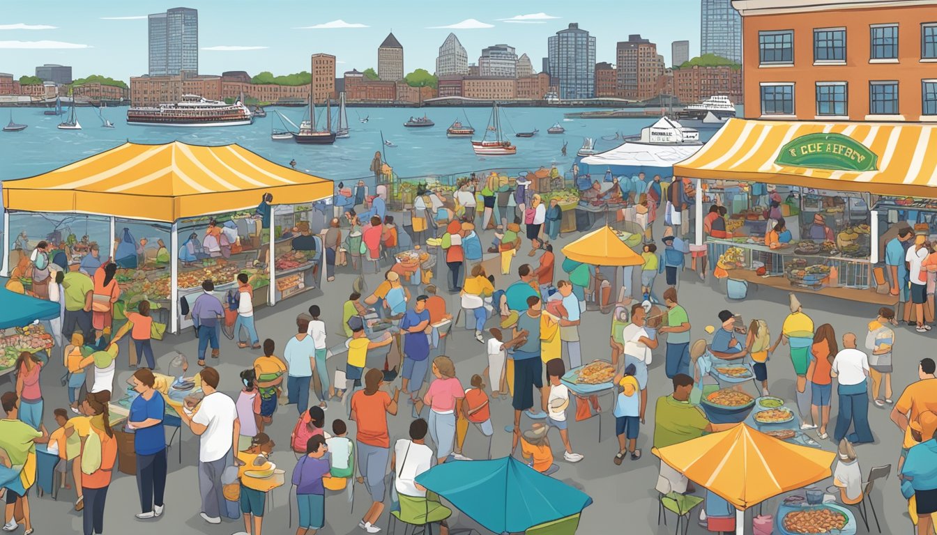 A bustling seafood festival with families enjoying food, music, and activities along the Boston waterfront