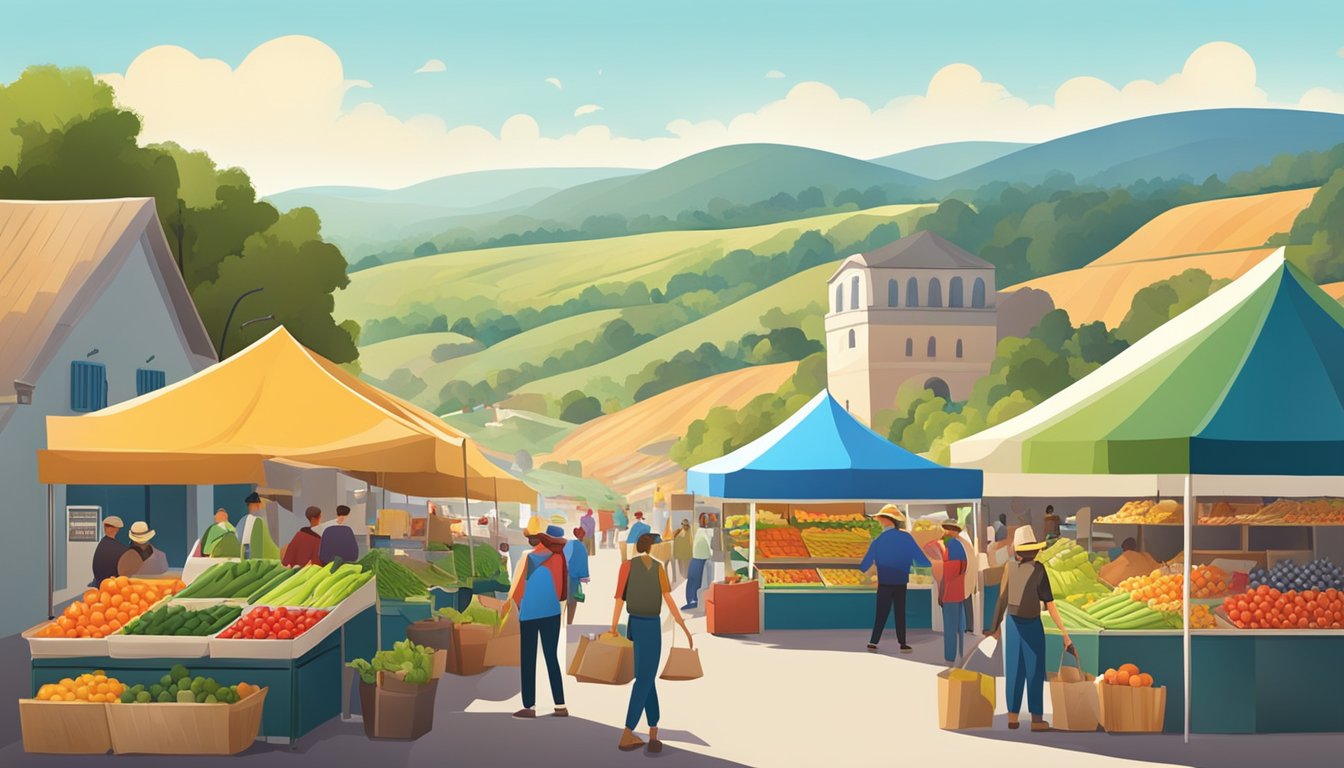 A bustling farmers market with colorful stalls and fresh produce, surrounded by rolling hills and a clear blue sky