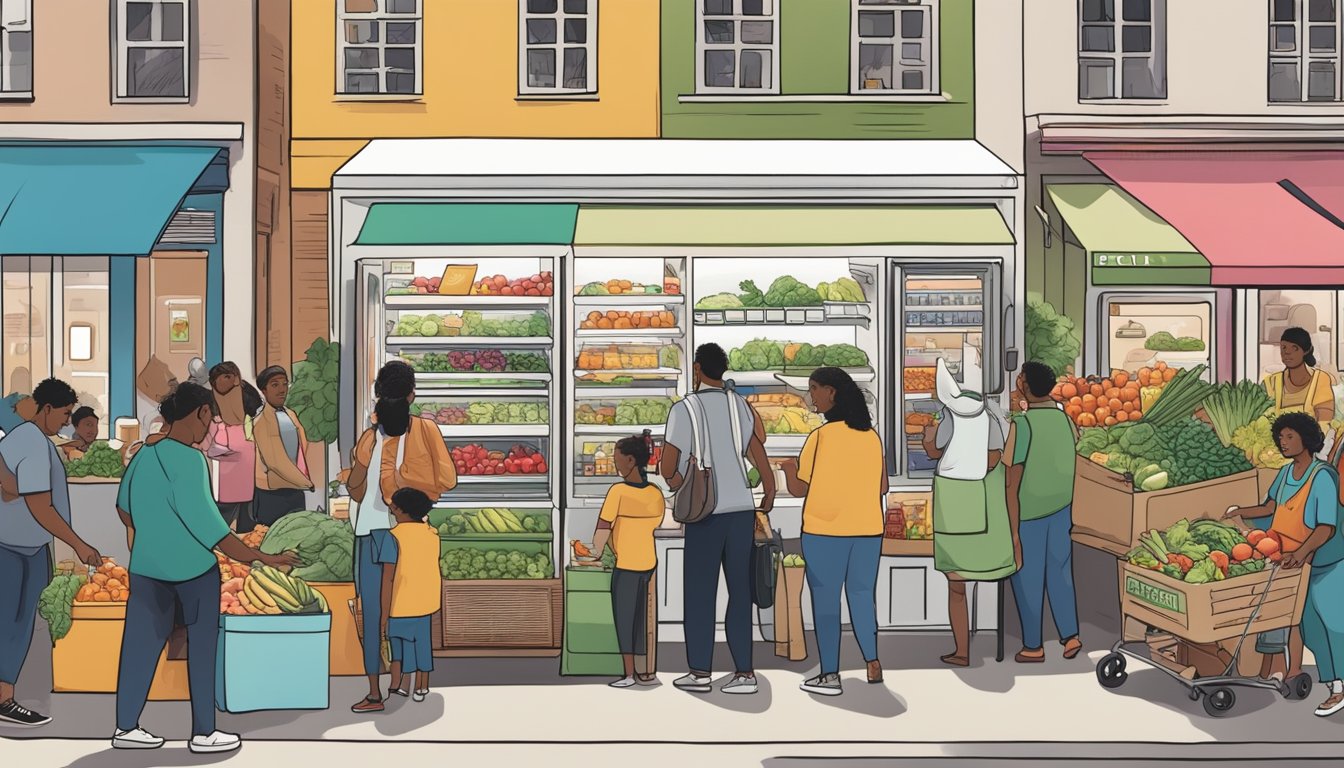 A bustling local community fridge surrounded by diverse vendors and community members exchanging fresh produce and goods