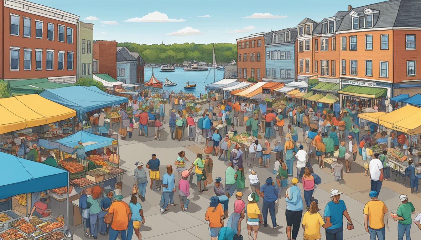 A bustling seafood festival with vendors, tastings, and live music along Boston's waterfront