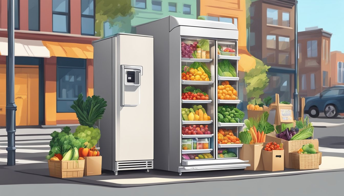 A colorful community fridge sits on a sunny sidewalk, filled with fresh produce and packaged goods. People come and go, adding and taking items