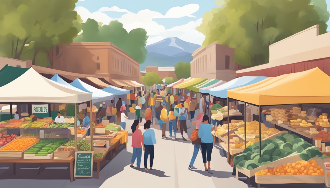 A bustling farmers market with colorful stalls selling locally sourced produce, artisanal cheeses, and handcrafted goods in Arvada, CO