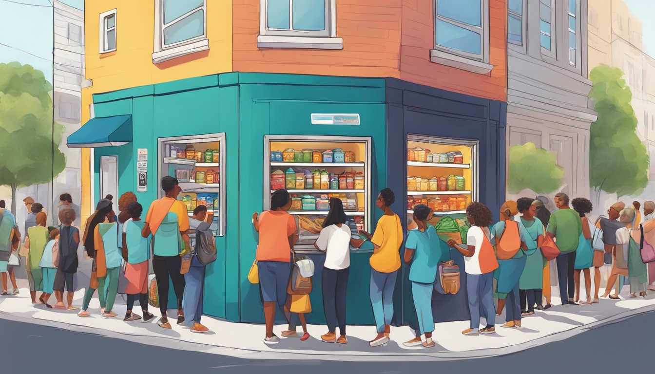 A bustling street corner with a brightly painted community fridge surrounded by diverse groups of people donating and taking food