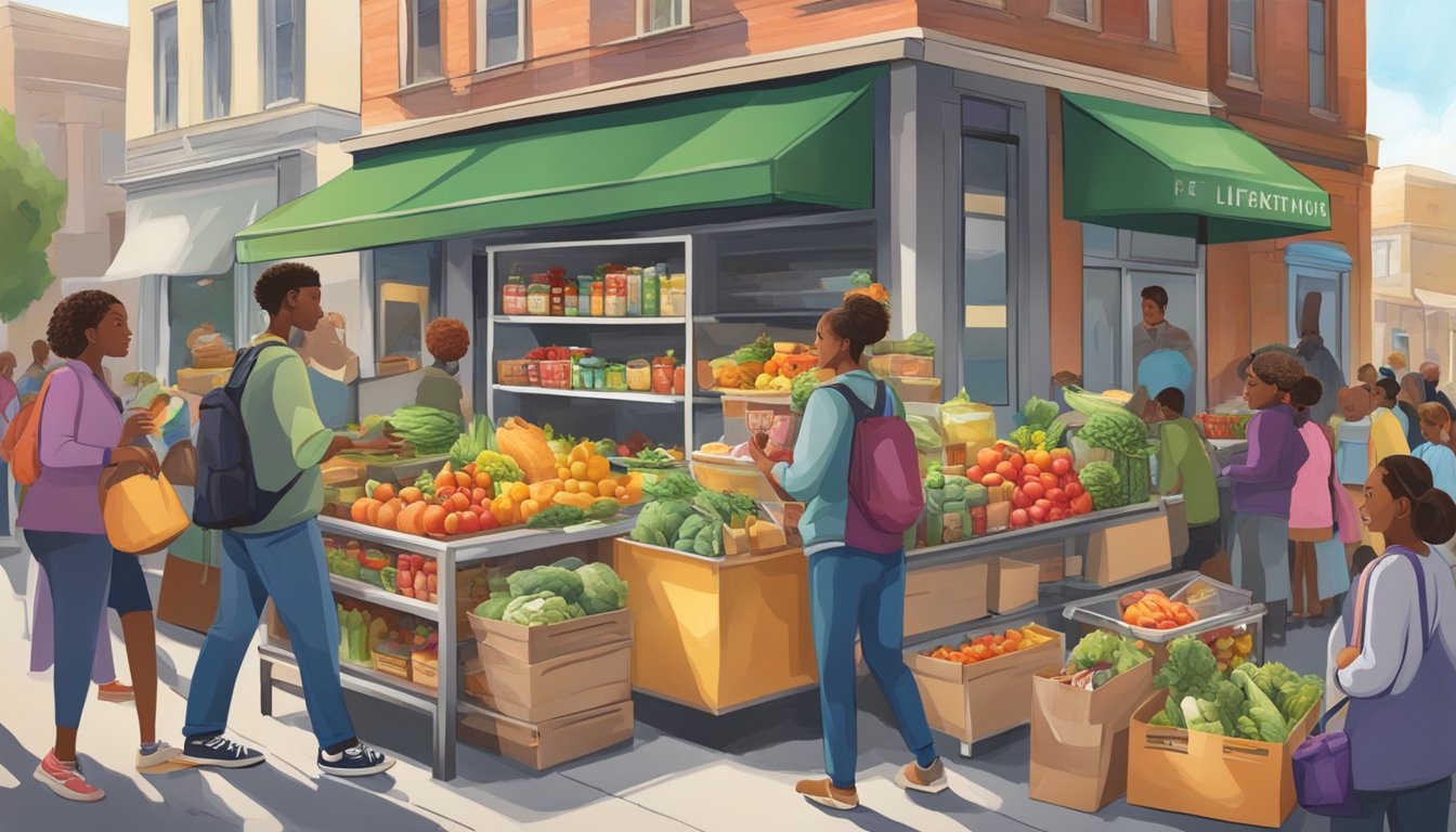 A bustling street corner with a colorful, decorated refrigerator filled with fresh produce and canned goods, surrounded by a diverse group of people accessing and donating food