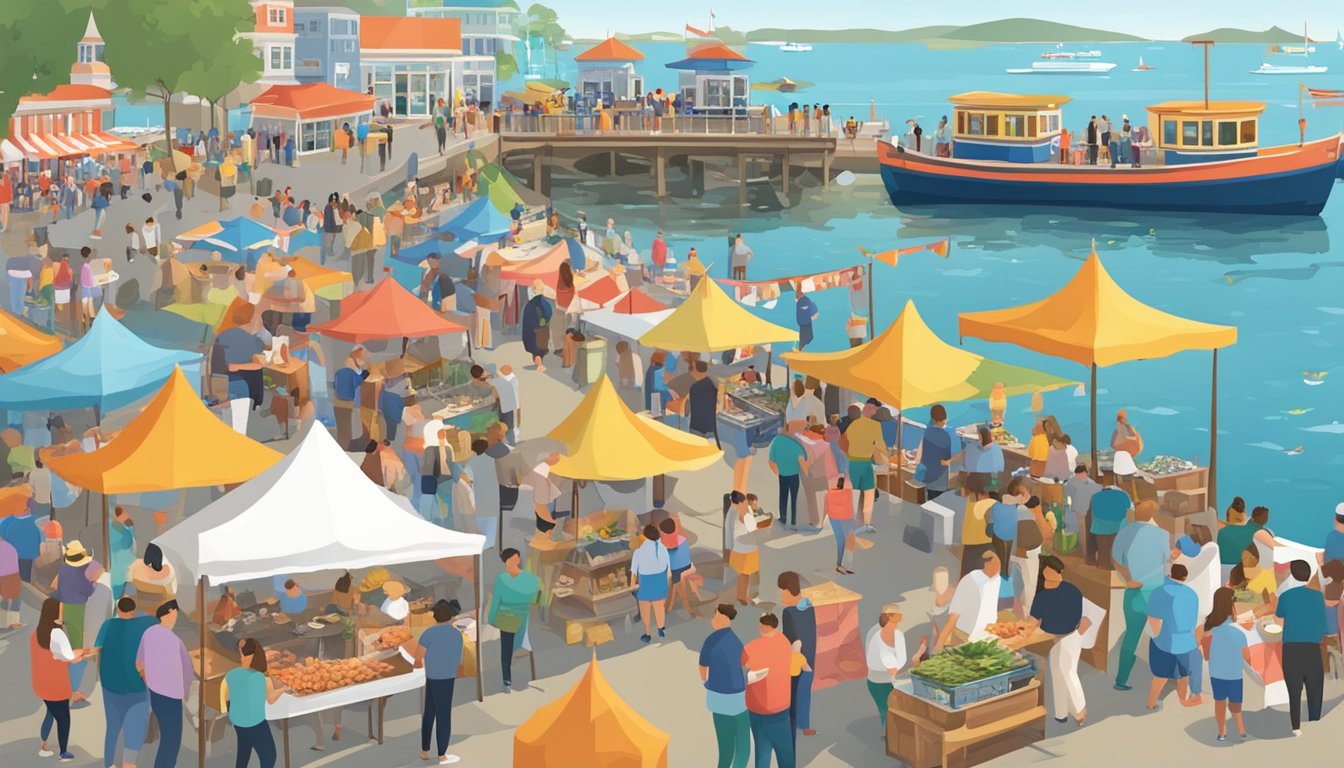 A bustling seafood festival with colorful booths, live music, and crowds of people enjoying fresh seafood dishes and drinks by the waterfront