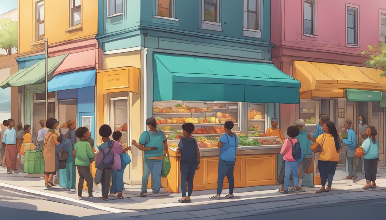 A bustling street corner with a colorful, well-stocked community fridge surrounded by a diverse group of people exchanging food and goods