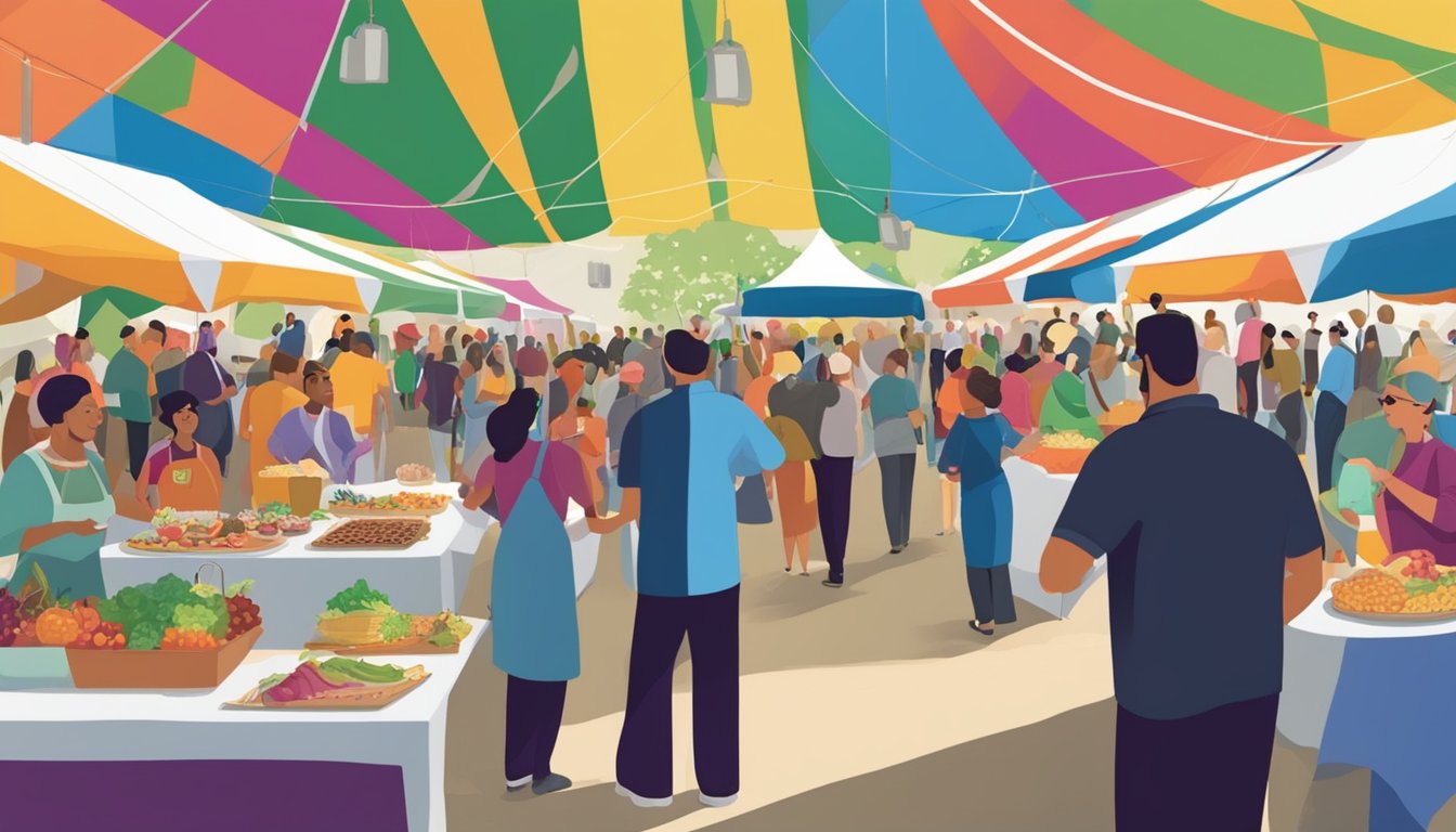 Crowds gather under colorful tents, sampling gourmet food and wine. Music fills the air as chefs prepare dishes and vendors pour wine