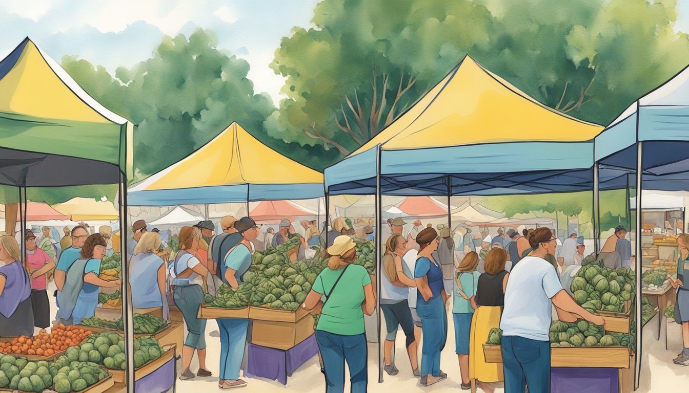 Crowds gather around colorful booths at the Castroville Artichoke Festival. Vendors sell artichoke-themed crafts and food, while live music fills the air