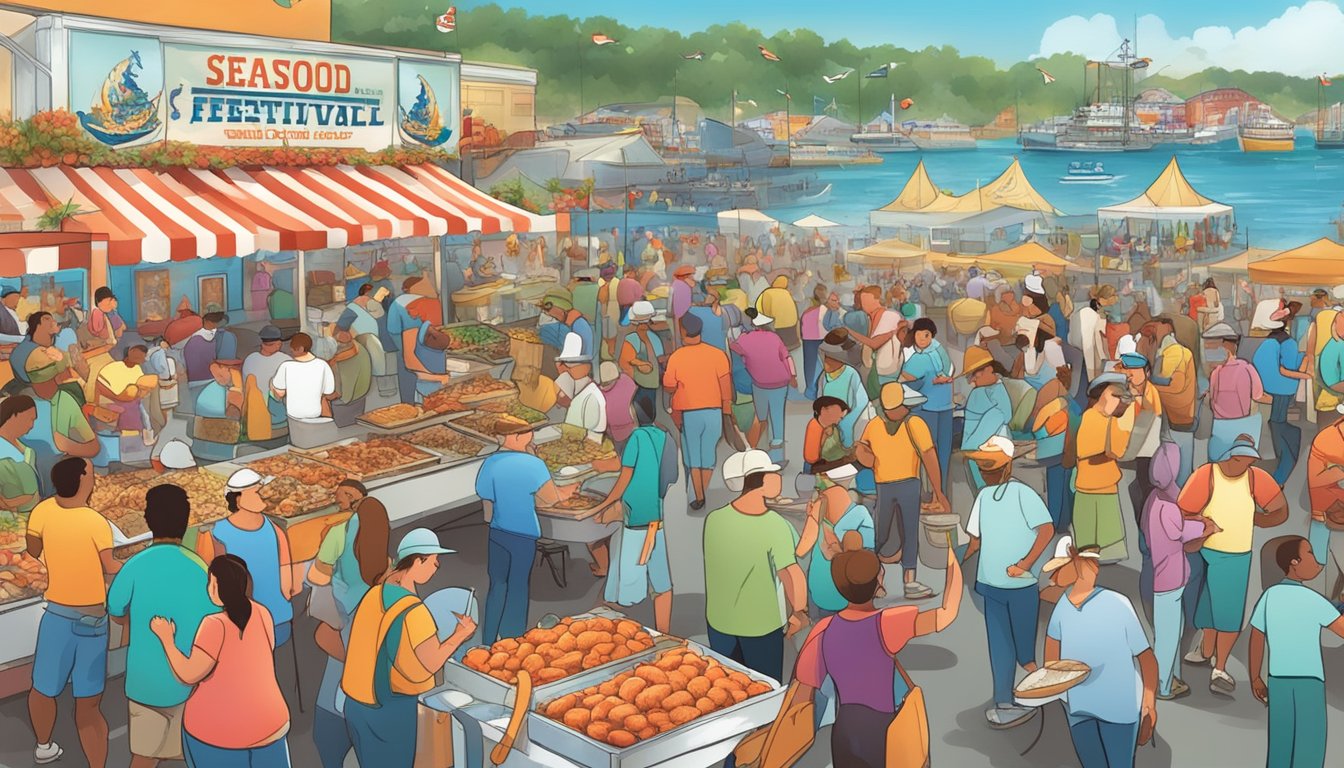 A bustling seafood festival with vendors and participants interacting in a lively atmosphere