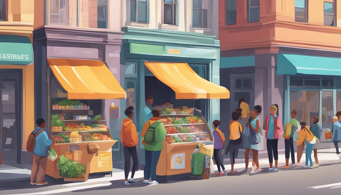 A colorful, bustling street corner with a community fridge surrounded by diverse people donating and taking food items