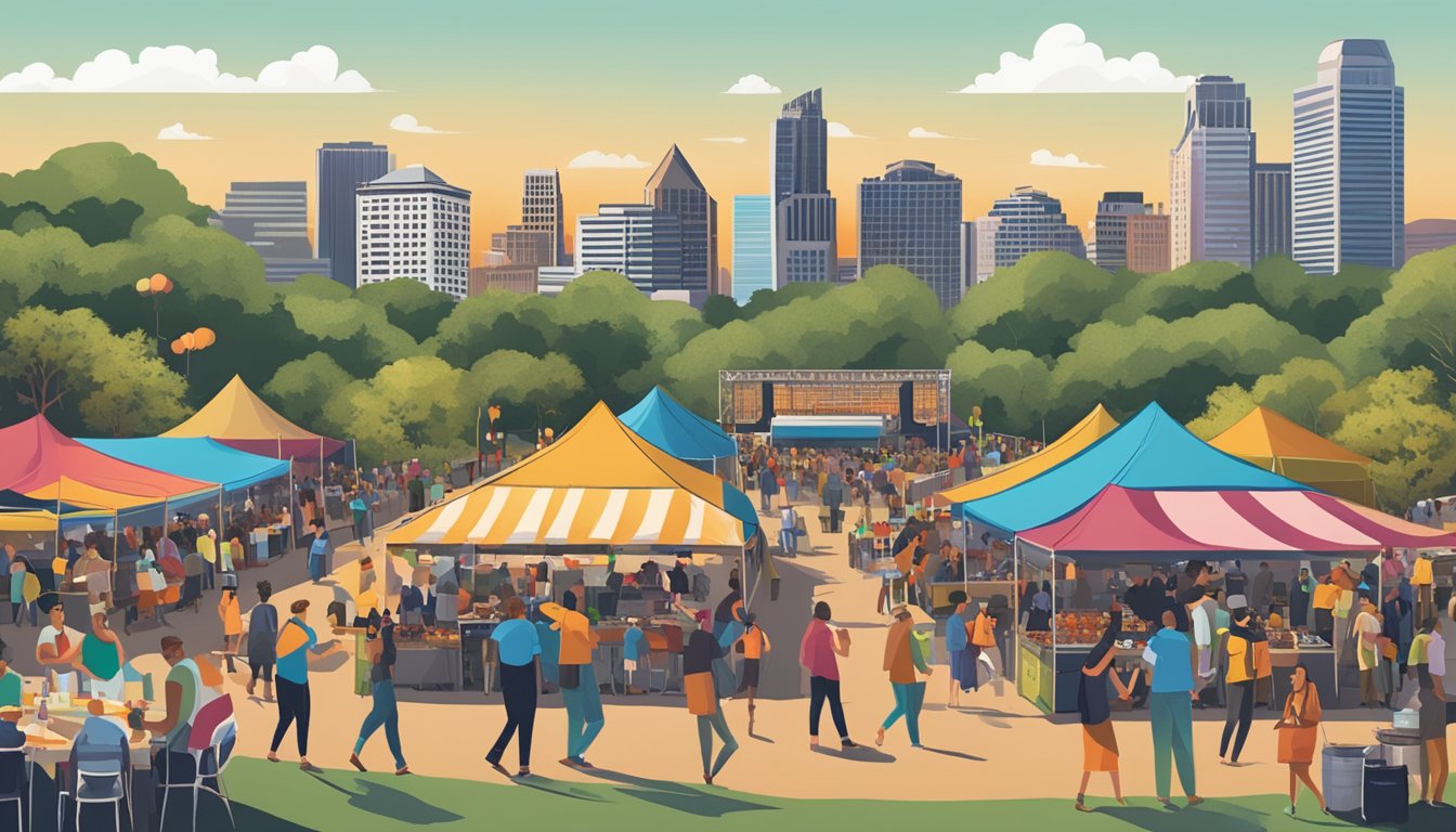 A bustling outdoor festival with food vendors, wine tastings, and live music stages set against the backdrop of the Austin skyline