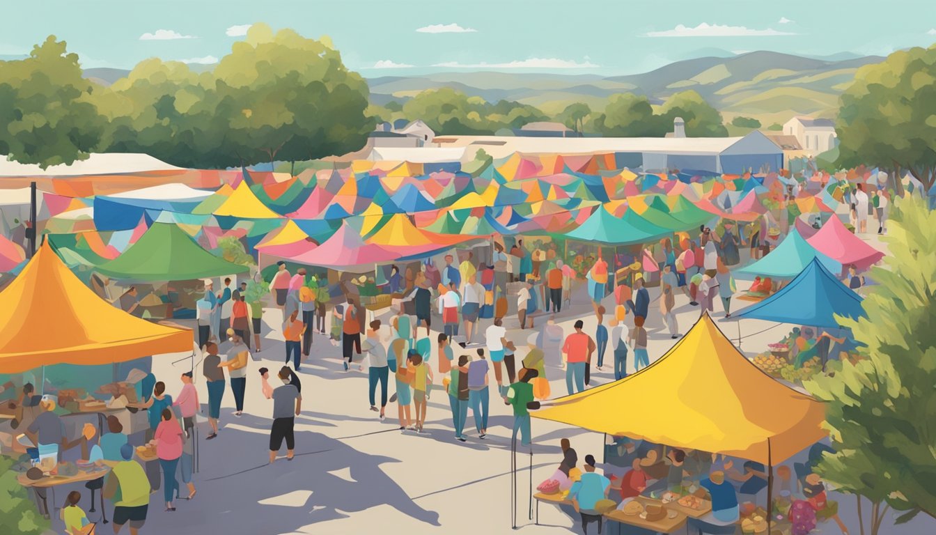 Colorful tents and food booths line the streets, while people gather to celebrate the Castroville Artichoke Festival. The air is filled with the sounds of music and laughter