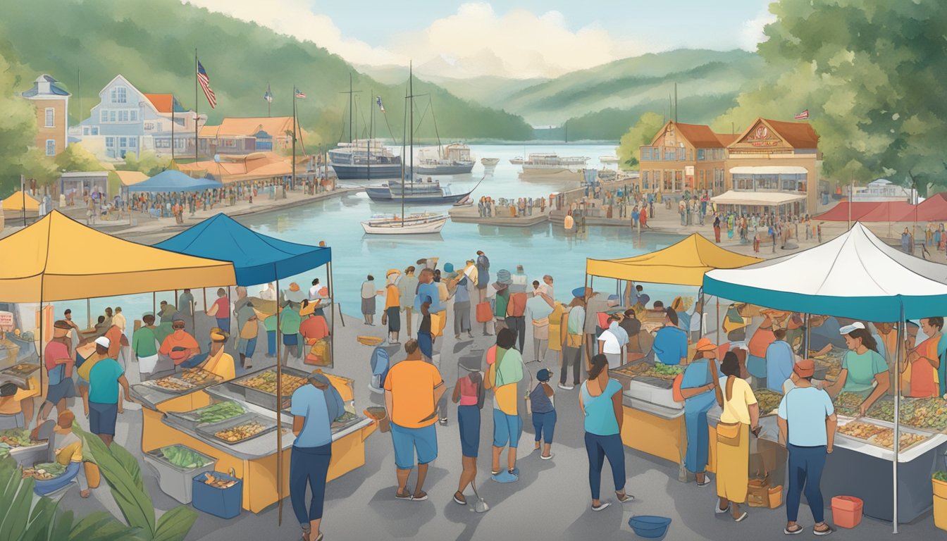 A bustling seafood festival with vendors, live music, and happy visitors enjoying fresh seafood and learning about sustainable fishing practices