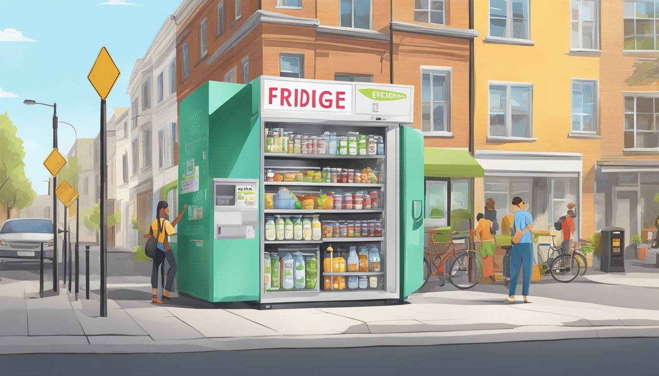 A community fridge with health and safety signage in a bustling neighborhood