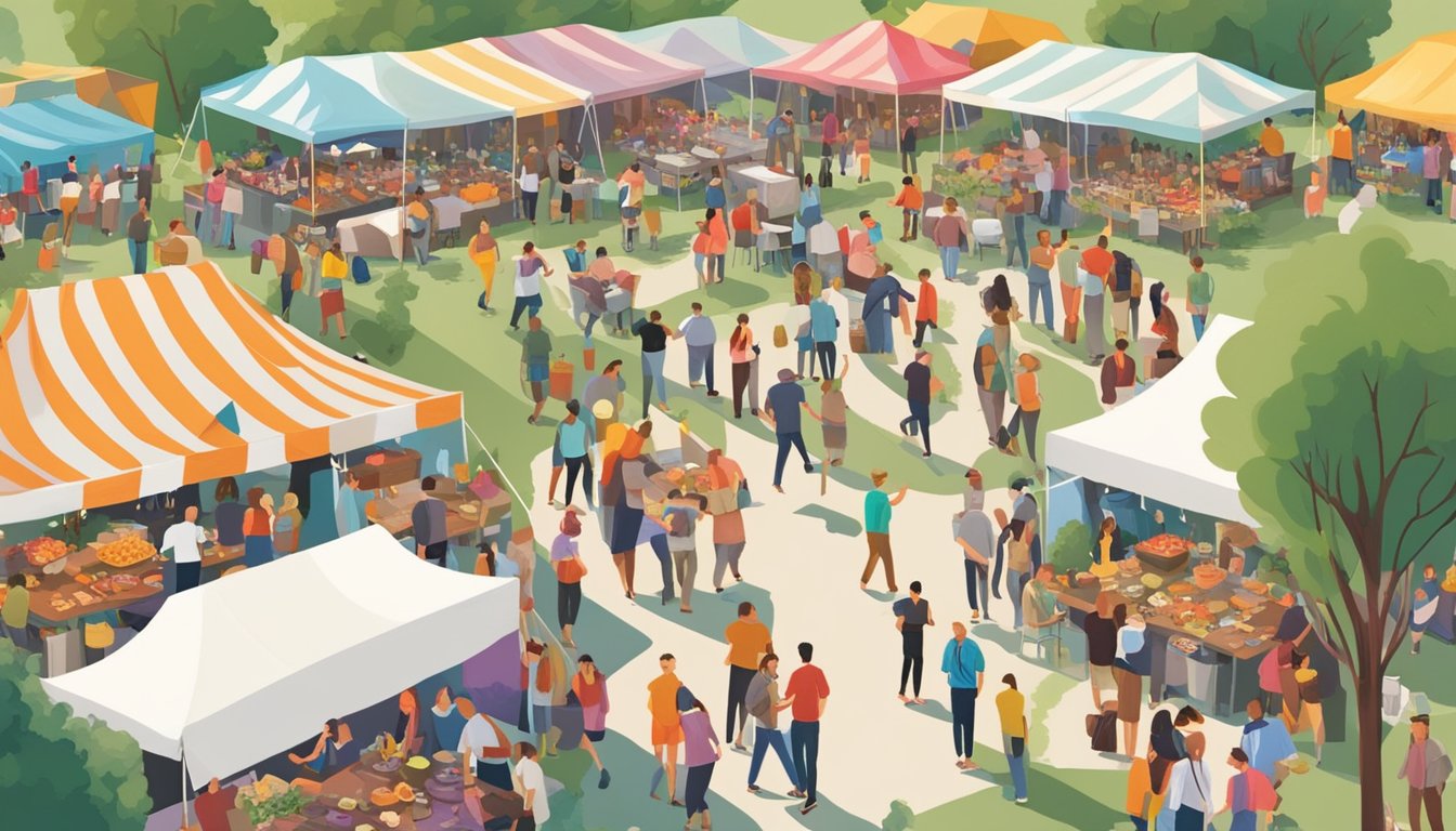 A bustling food and wine festival in Austin, with colorful tents, live music, and people enjoying culinary experiences