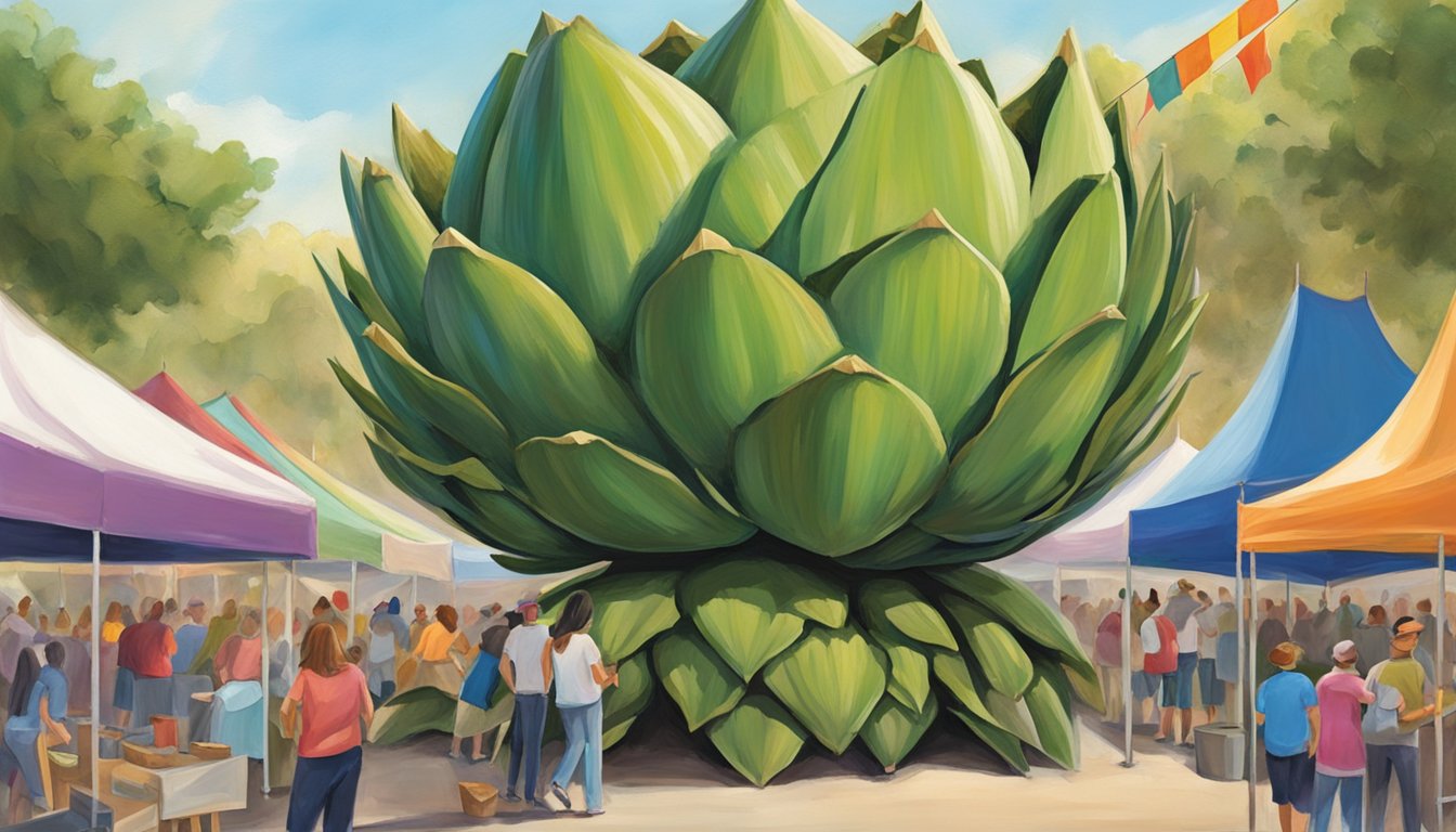 The Castroville Artichoke Festival bustles with colorful tents, food vendors, and lively entertainment. A giant artichoke statue stands as the centerpiece of the festive atmosphere