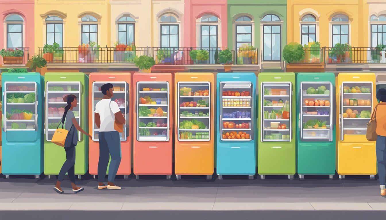 A row of colorful community fridges, filled with fresh produce and packaged goods, surrounded by a diverse group of people accessing the free resources