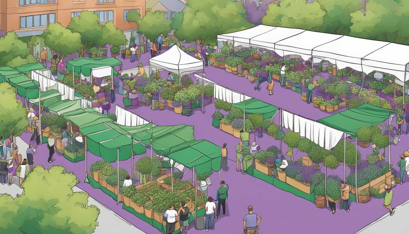 A bustling artichoke festival with sponsors and volunteers setting up booths and activities amidst a sea of green and purple decorations