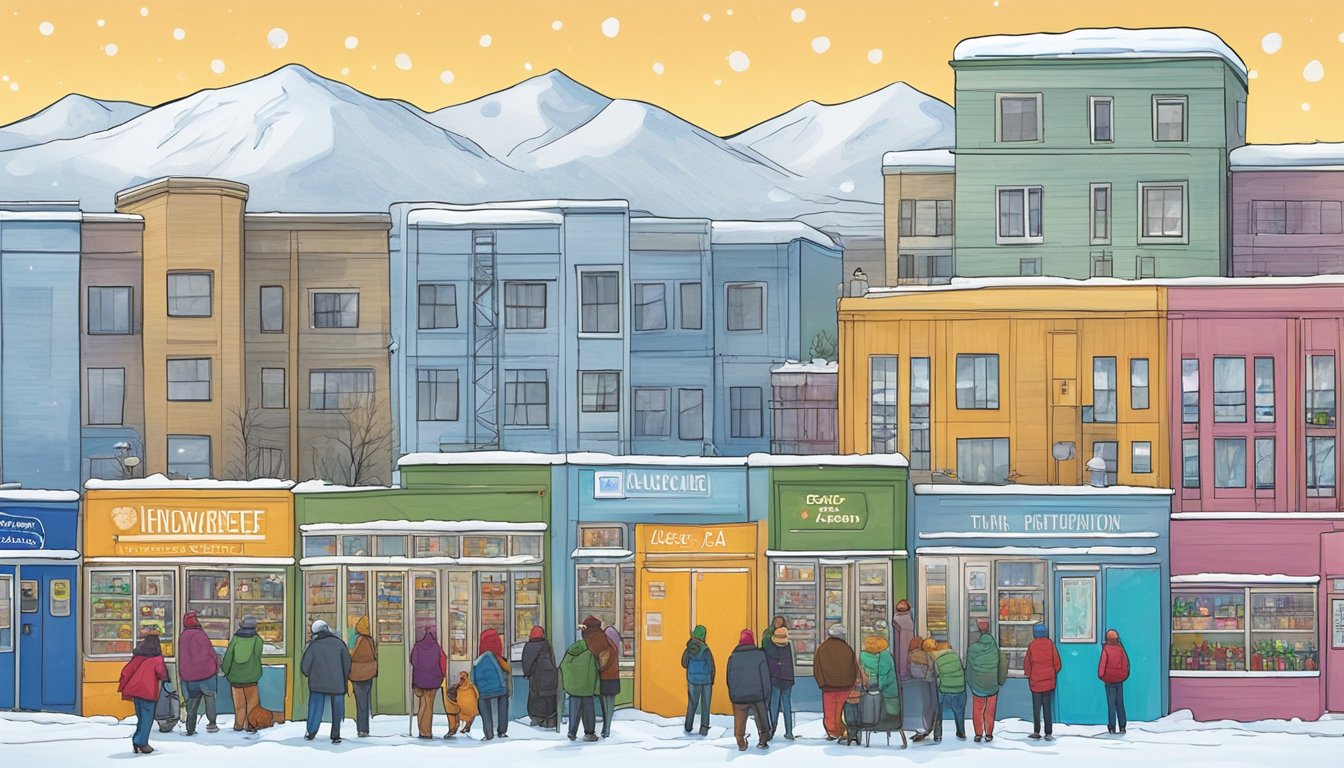 A colorful community fridge stands against a snowy backdrop, surrounded by diverse buildings and people in Anchorage, AK