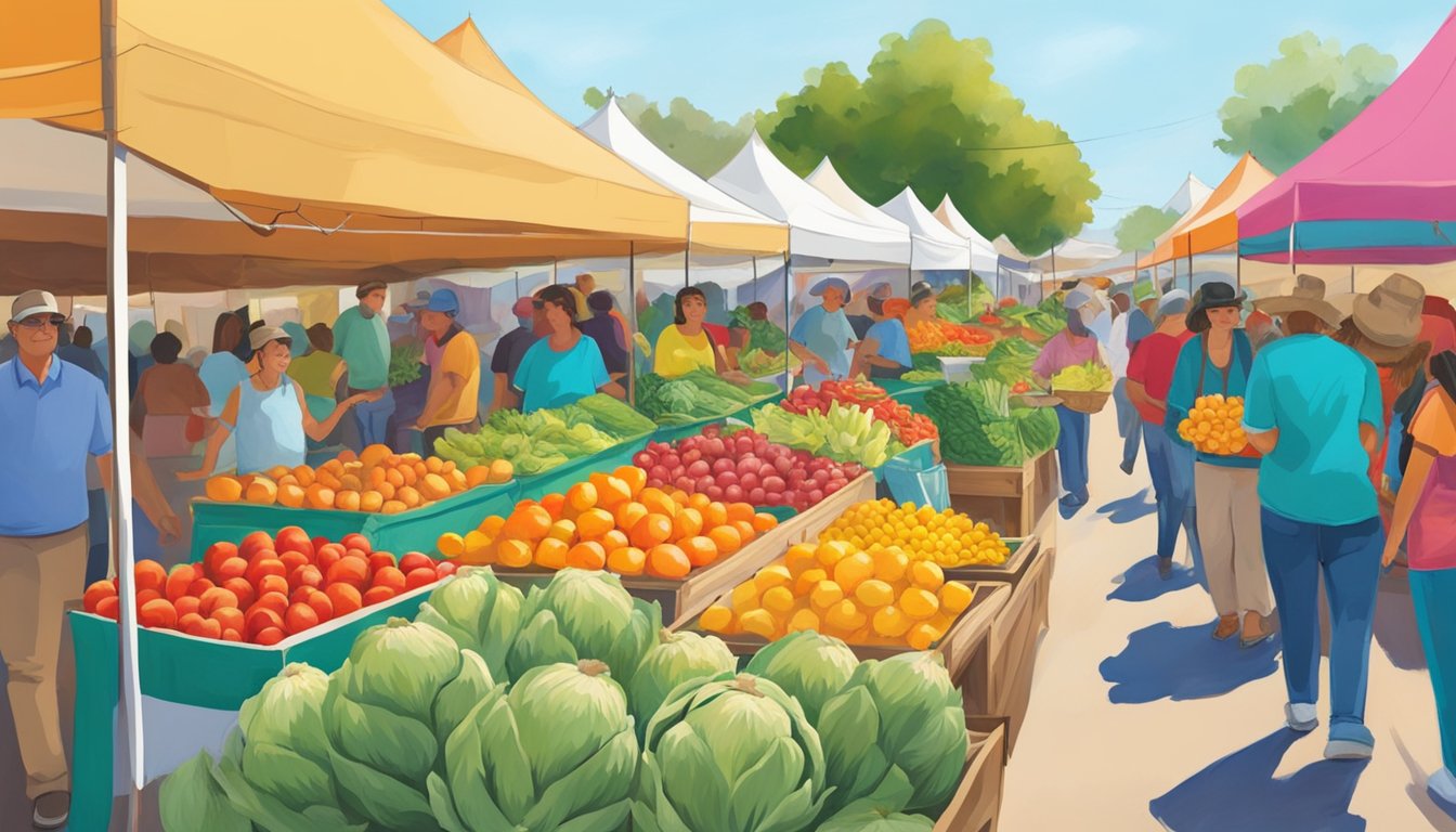 Colorful tents line the streets, showcasing vibrant fruits and vegetables. Vendors sell fresh produce at the Castroville Artichoke Festival