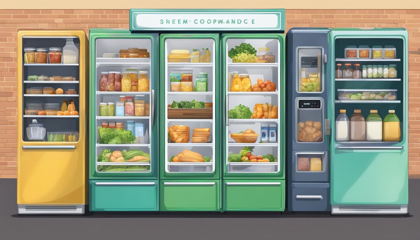 A colorful local community fridge surrounded by diverse food items and a welcoming atmosphere