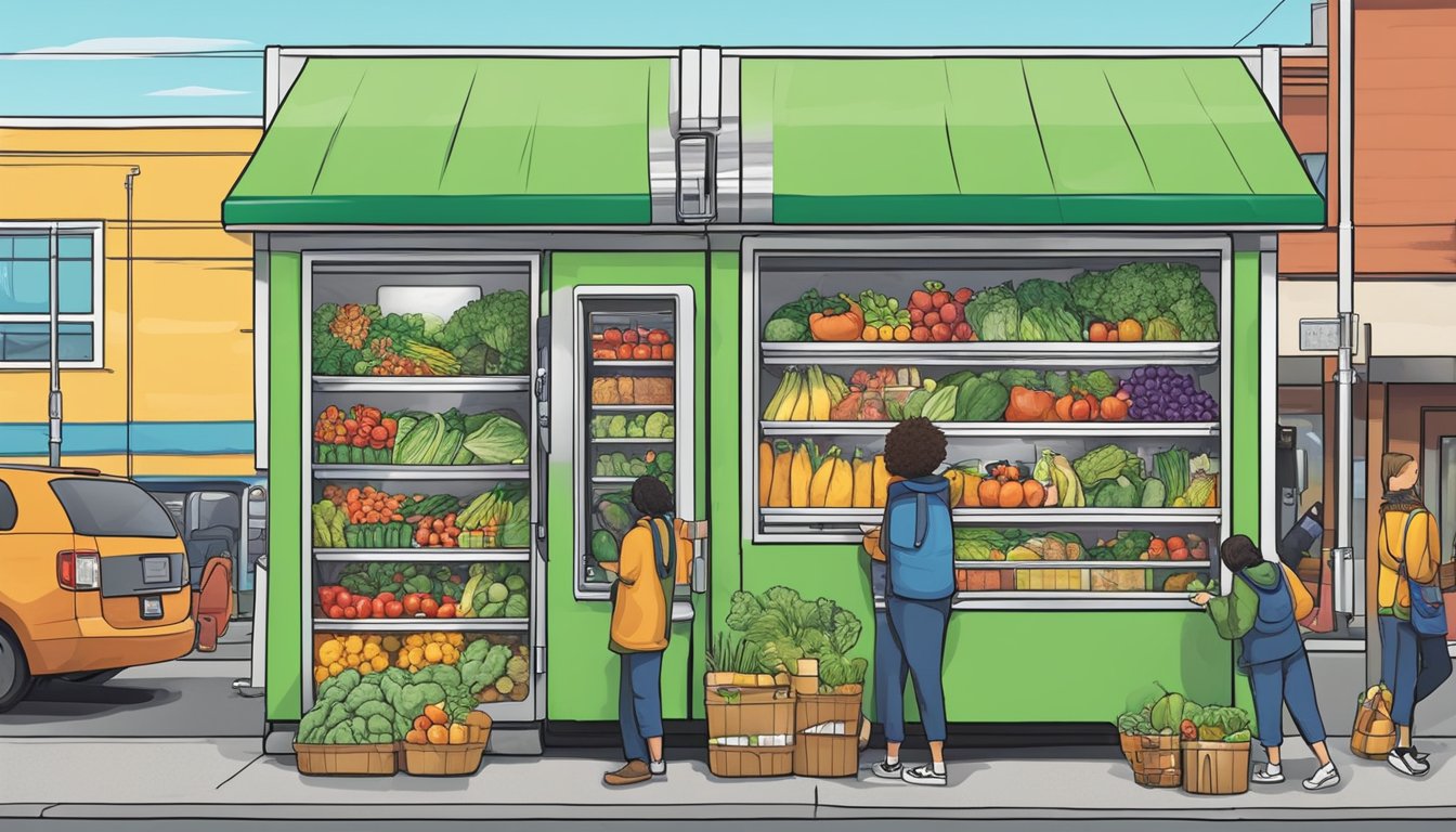 A person places fresh produce and canned goods into a brightly colored community fridge on a busy street corner in Anchorage, Alaska