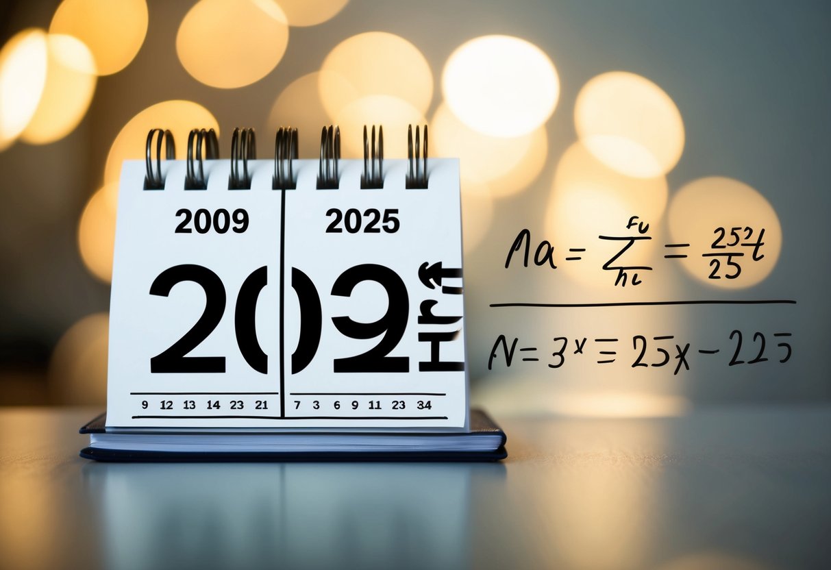 Um calendário mostrando os anos de 2009 e 2025 com uma equação matemática escrita ao lado.