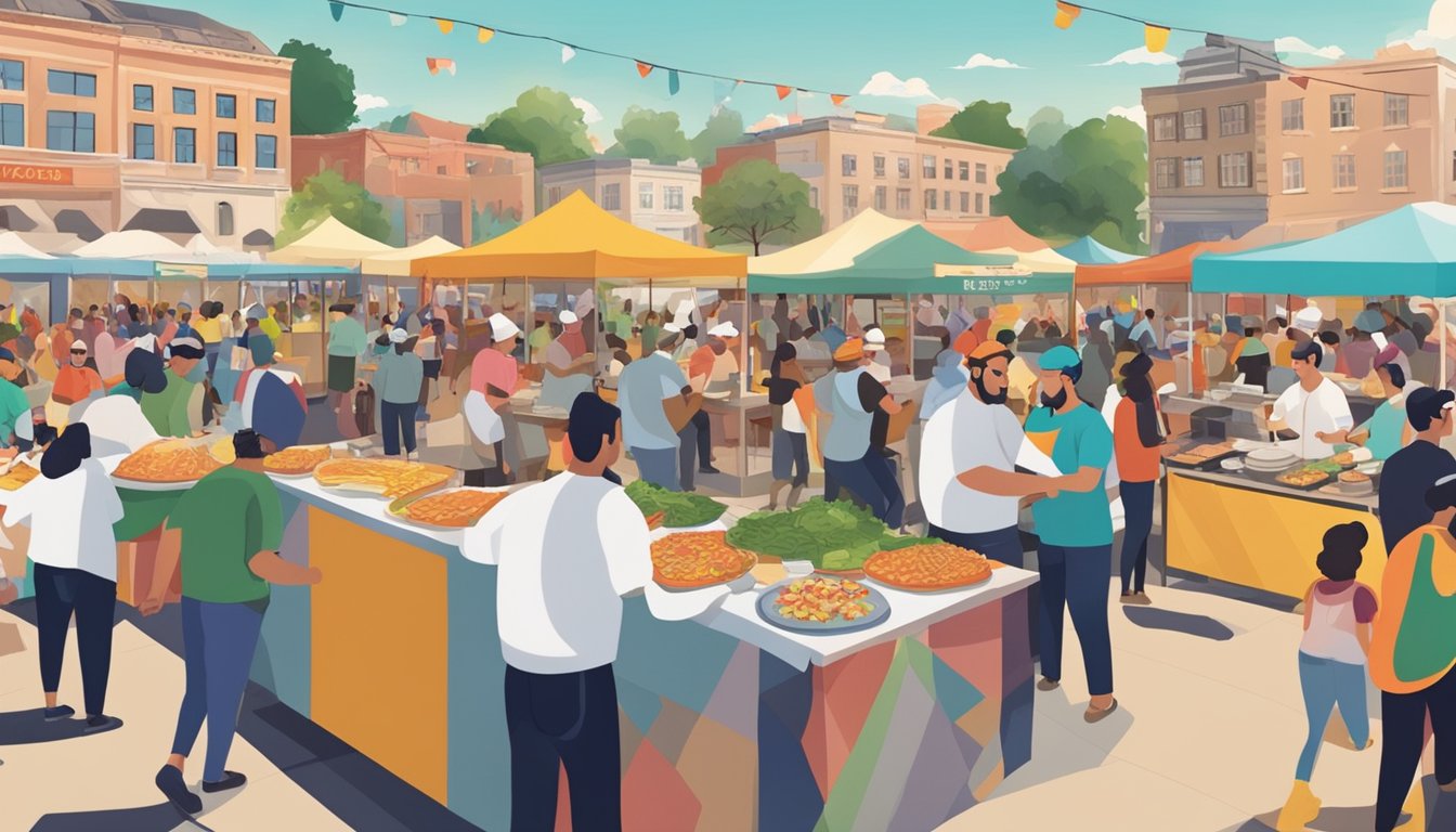 A bustling food festival with chefs cooking, people tasting, and live music playing in the background