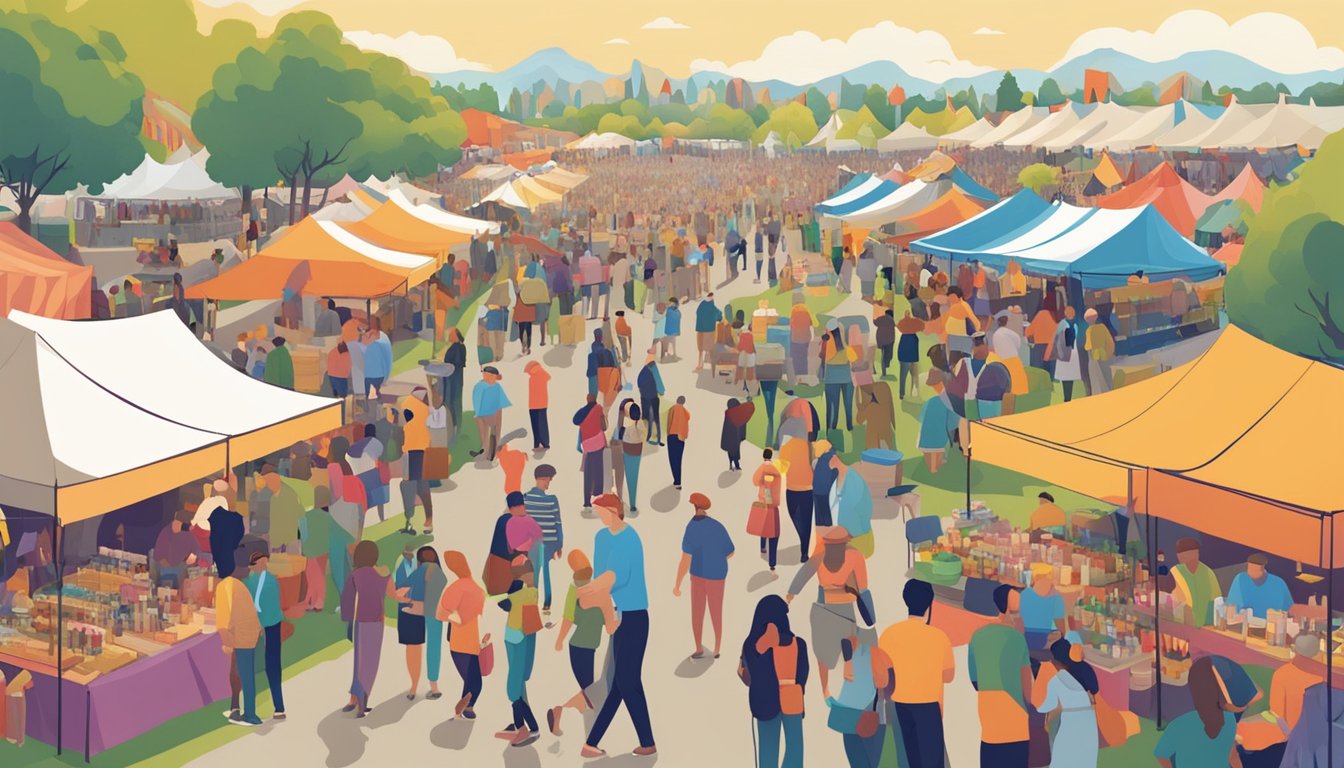 A bustling outdoor festival with colorful tents, people mingling, and a variety of craft beverage vendors showcasing their products