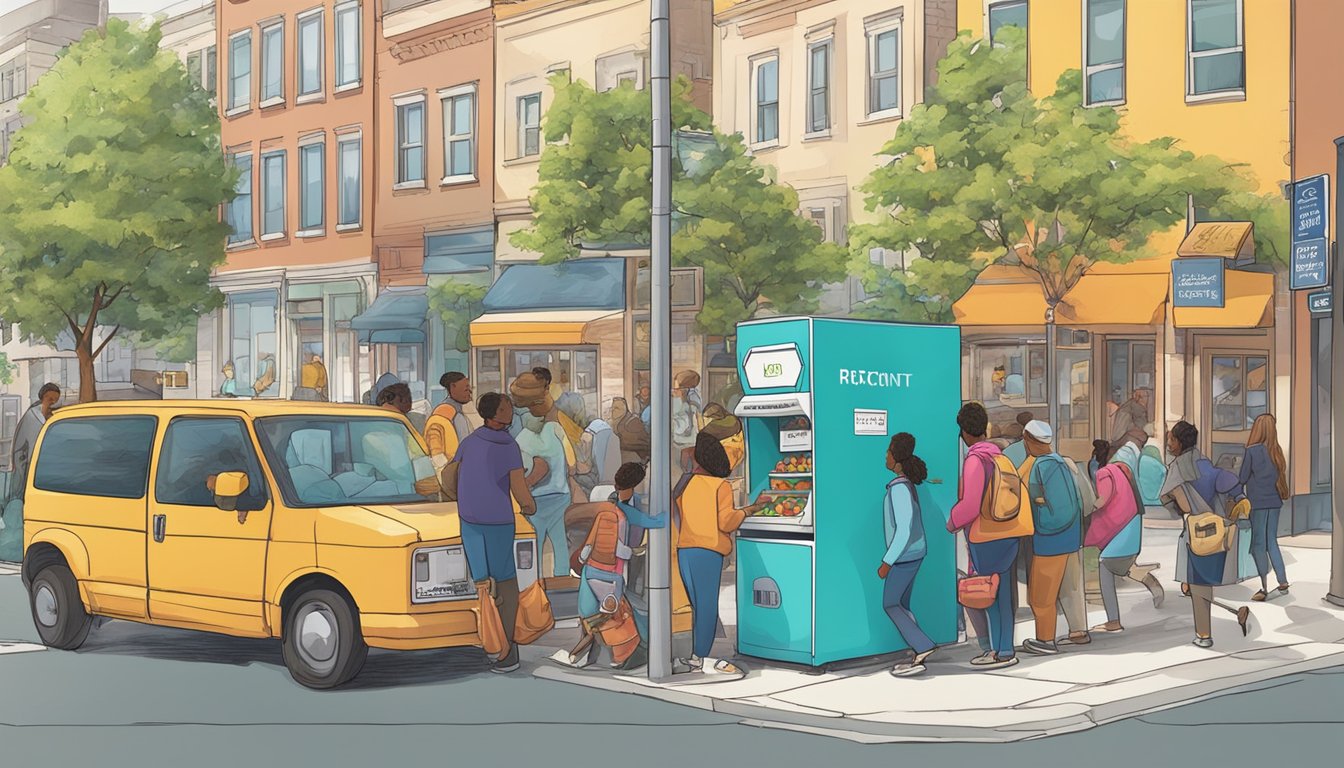 A bustling street corner with a brightly colored community fridge surrounded by a diverse group of people dropping off and picking up food items