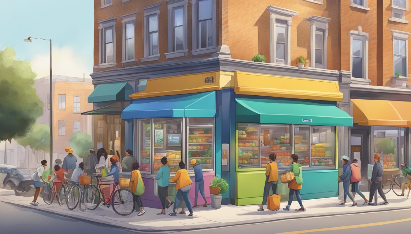 A bustling street corner with a colorful local community fridge, surrounded by people dropping off and picking up food items