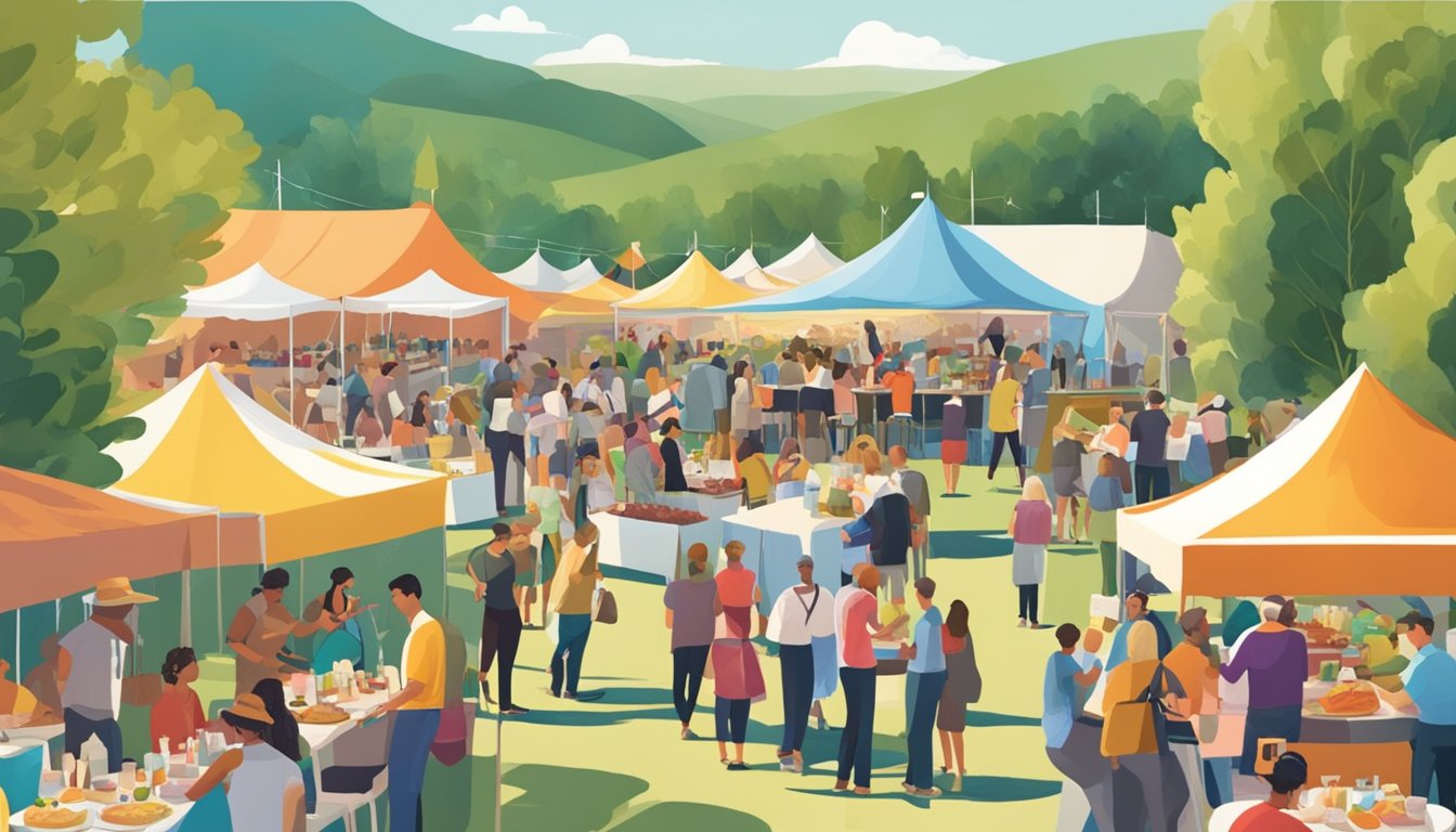 A bustling outdoor food and wine festival with colorful tents, live music, and people sampling gourmet dishes and sipping on wine