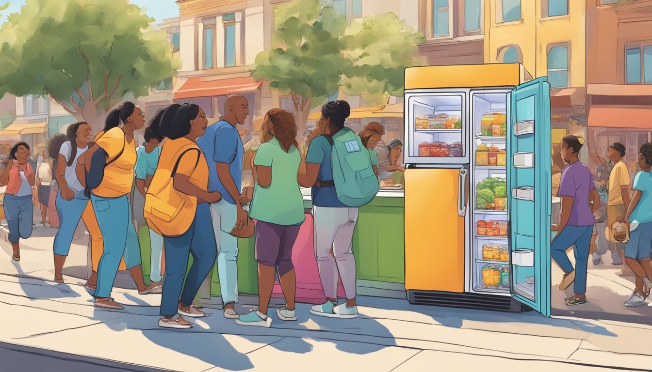 A diverse group of people placing food in a brightly colored fridge on a busy Anaheim street, surrounded by community members chatting and smiling