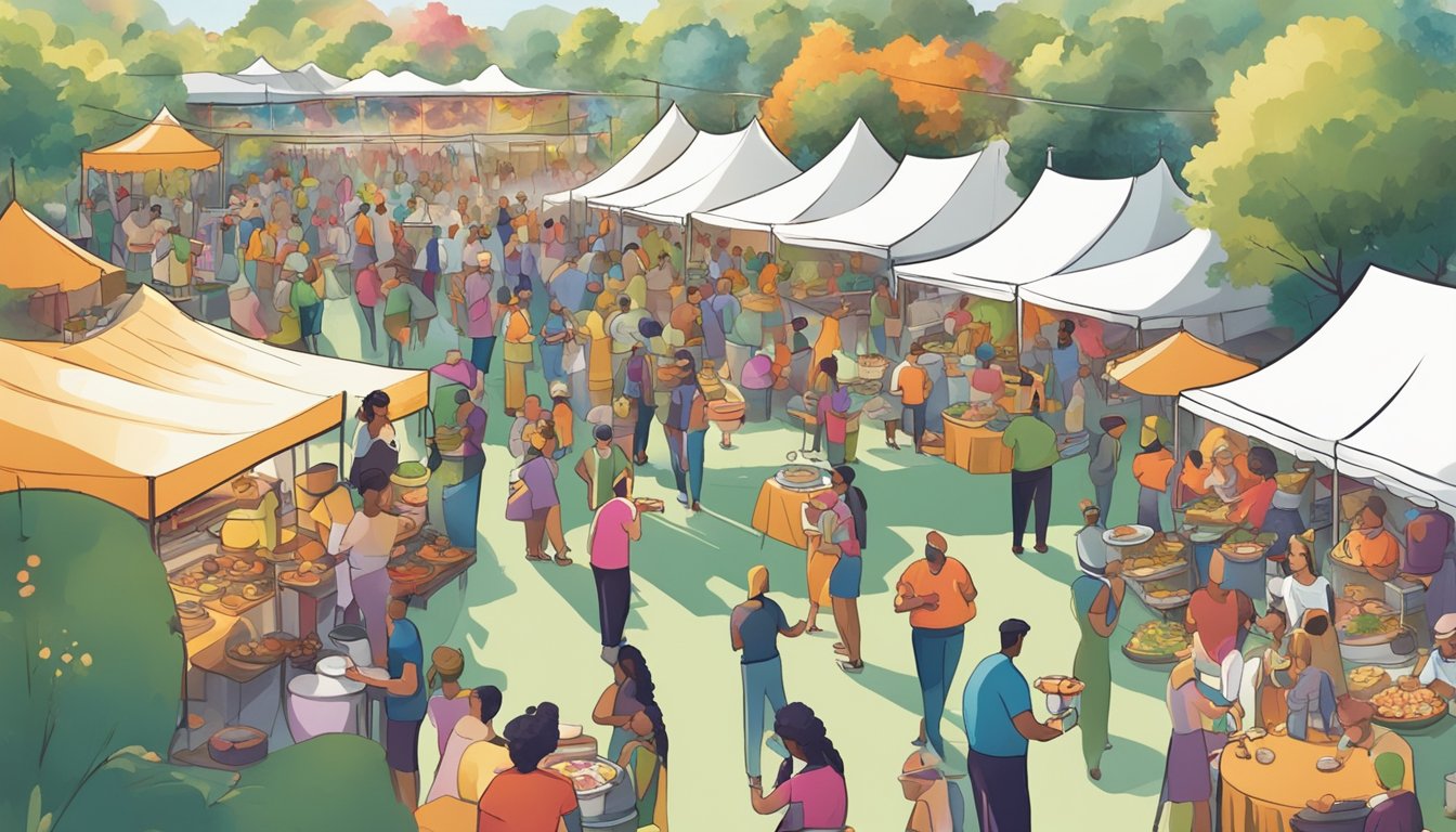 A bustling food festival with colorful tents, chefs cooking, and people sampling dishes. A live band plays in the background as attendees mingle and enjoy the festivities