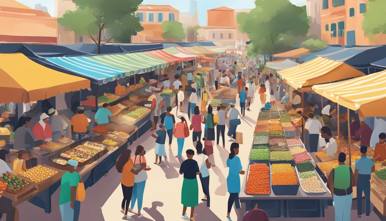 A bustling outdoor market with colorful food stalls, live music, and people sampling dishes from around the world