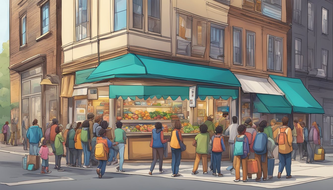 A bustling street corner with a colorful community fridge surrounded by people donating food and others coming to take what they need