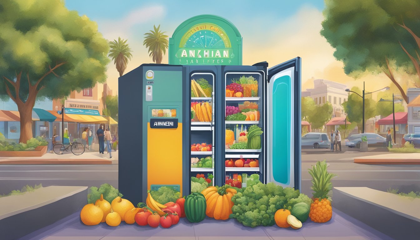 A brightly colored community fridge stands against a backdrop of Anaheim, CA landmarks, surrounded by vibrant local produce and friendly volunteers