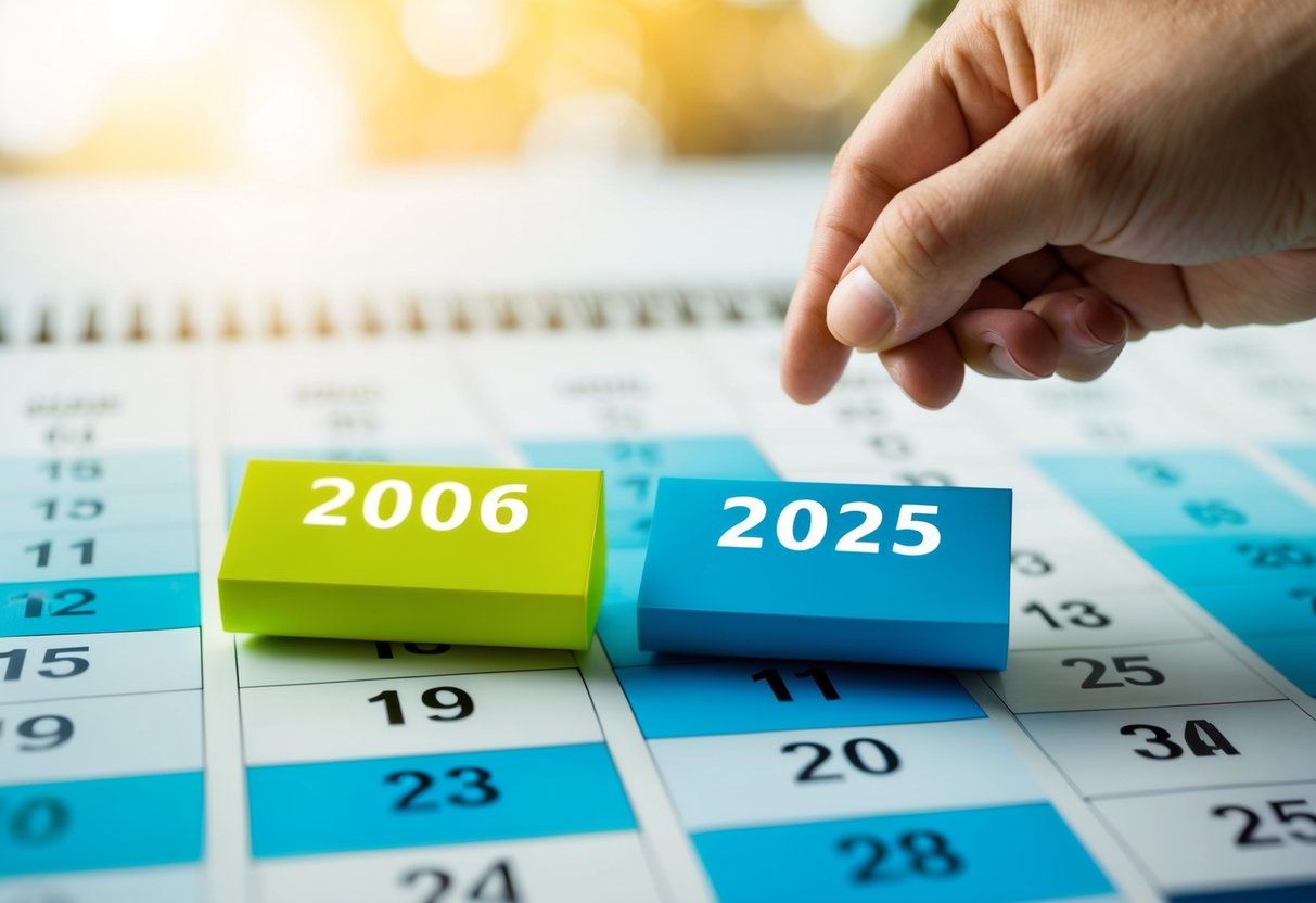 Um calendário com os anos de 2006 e 2025 destacados, e a mão de uma pessoa apontando para os dois anos.