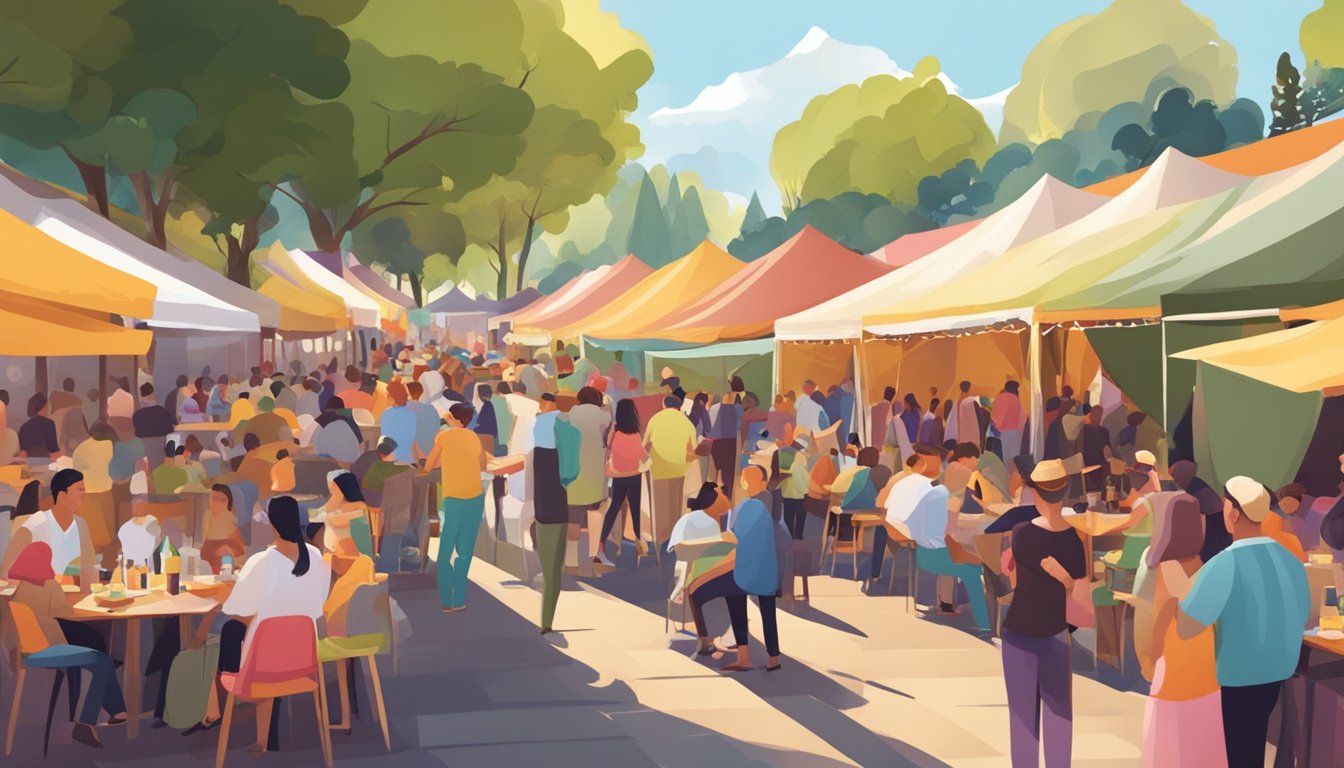 A bustling outdoor festival with colorful food stalls, wine tastings, and live music. Tables filled with people enjoying the festive atmosphere