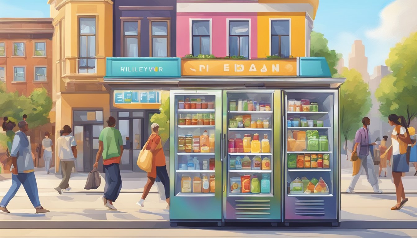 A colorful community fridge stands on a sunny sidewalk, surrounded by diverse buildings and people passing by