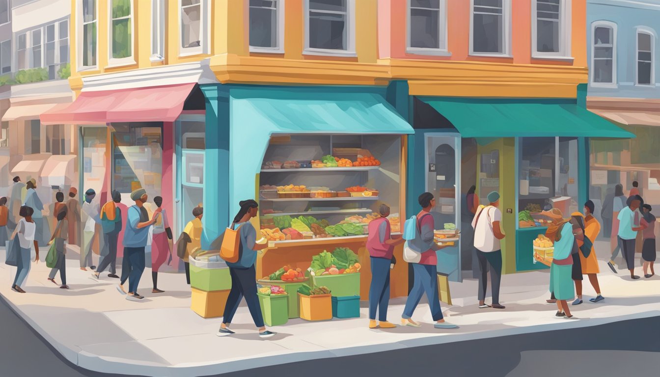 A bustling street corner with a colorful community fridge surrounded by people exchanging food and goods