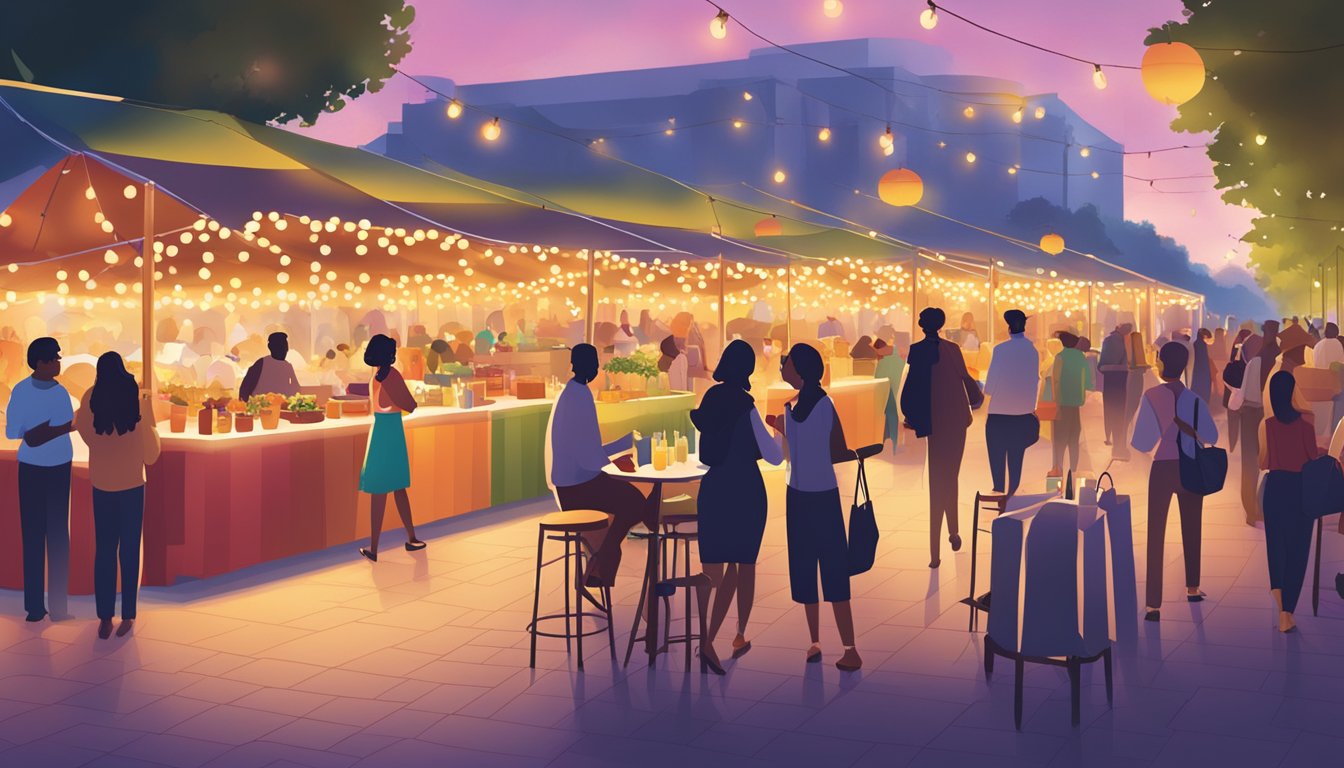 A colorful array of international food and wine booths line the promenade, with visitors sampling and chatting under the warm glow of string lights