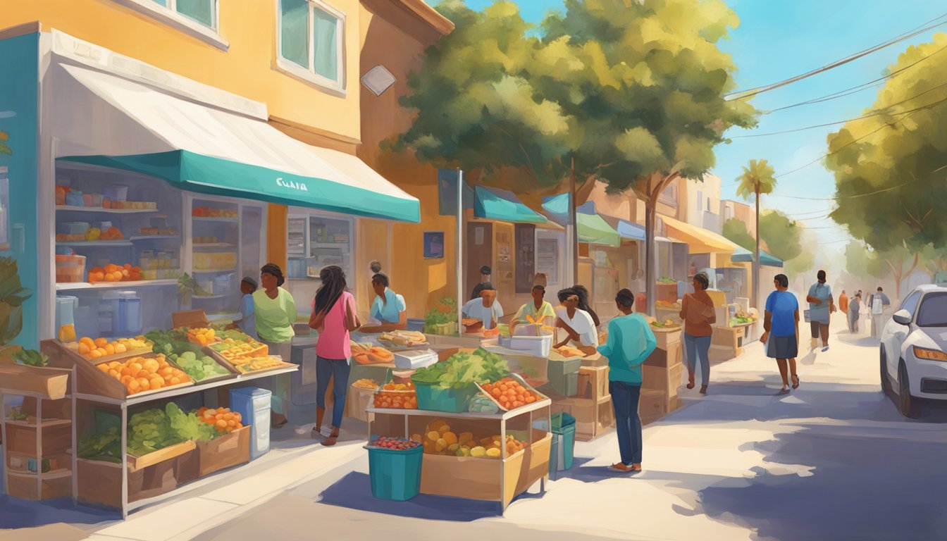 A sunny street corner in Chula Vista, California, with colorful community fridges filled with food and surrounded by a diverse group of people