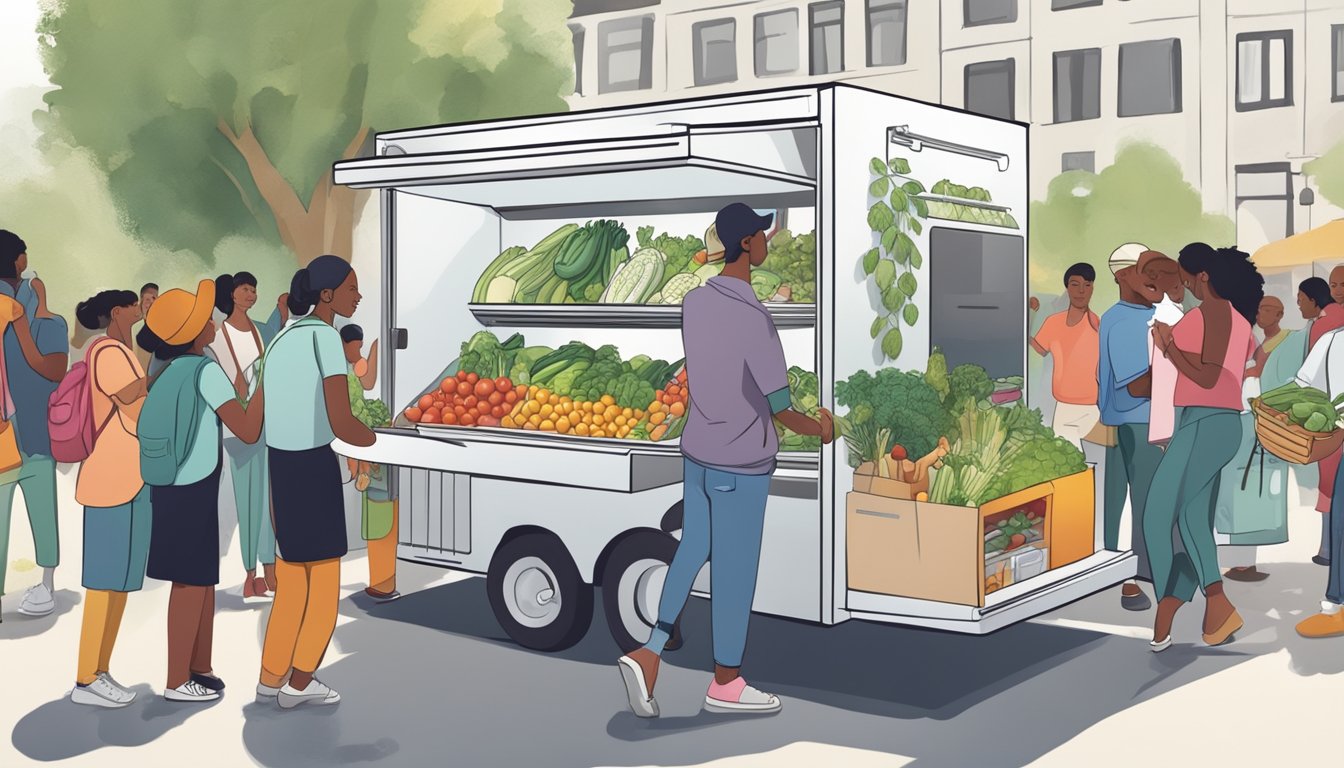 A person placing fresh produce into a mobile community fridge, surrounded by a diverse group of people accessing the fridge